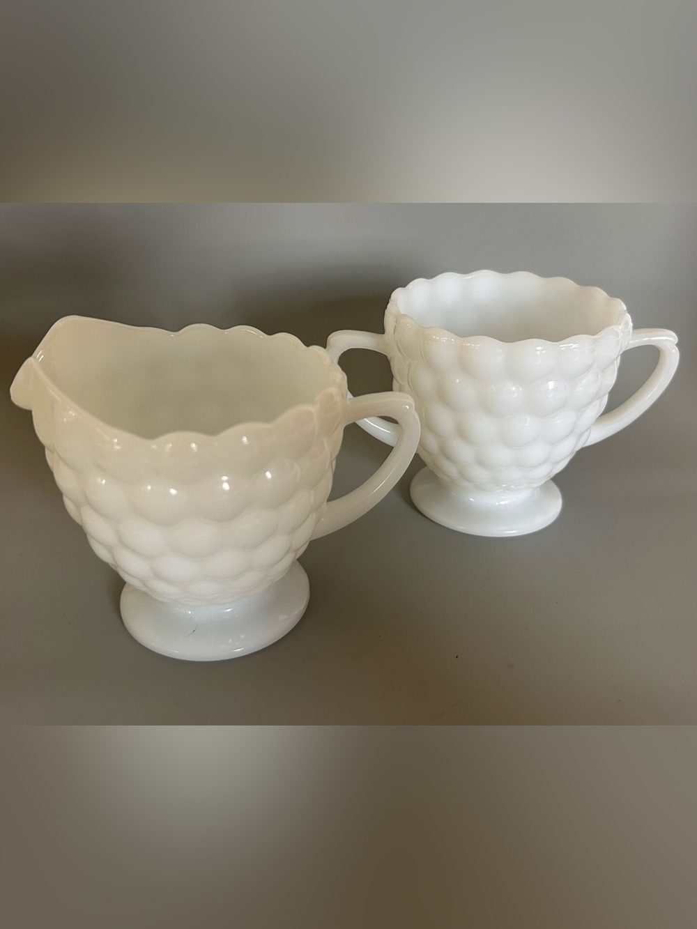 Vintage Hobnail White Milk Glass Creamer Open Sugar Bowl Cottagecore Granny MCM